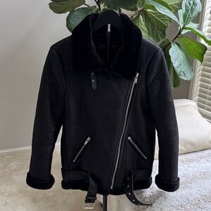 Zara Woman Black Shearling faux Leather Jacket. Size XS
